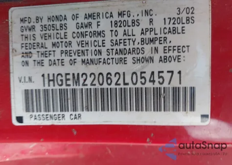 2002 Honda Civic Ex z USA, uszkodzony, nr VIN 1HGEM22062L054571